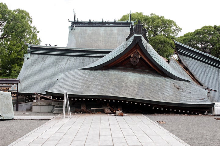 Part of the Yatsushiro Shrine collapsed after an earthquake struck the area, in Kumamoto Prefecture, Japan, on July 29, 2026.