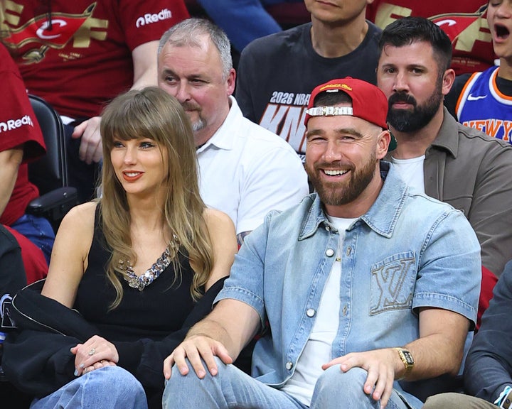 CLEVELAND, OH - MAY 23: Taylor Swift and Travis Kielce attend the game between the New York Knicks and Cleveland Cavaliers during Game Three of the 2026 Eastern Conference Finals on May 23, 2026 at Rocket Arena in Cleveland, Ohio. (Photo by David L. Nemec/NBAE via Getty Images)