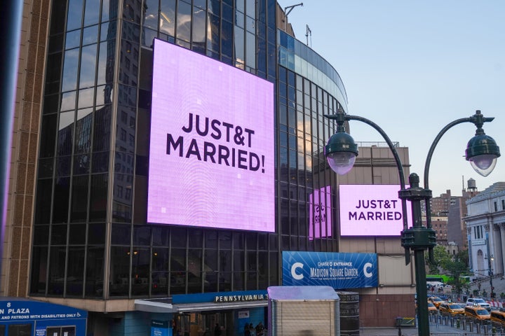 A "Just Married" sign is displayed on Madison Square Garden during a wedding between singer Taylor Swift and National Football League player Travis Kelce on Friday, July 3, 2026, in New York. (AP Photo/Ryan Murphy)