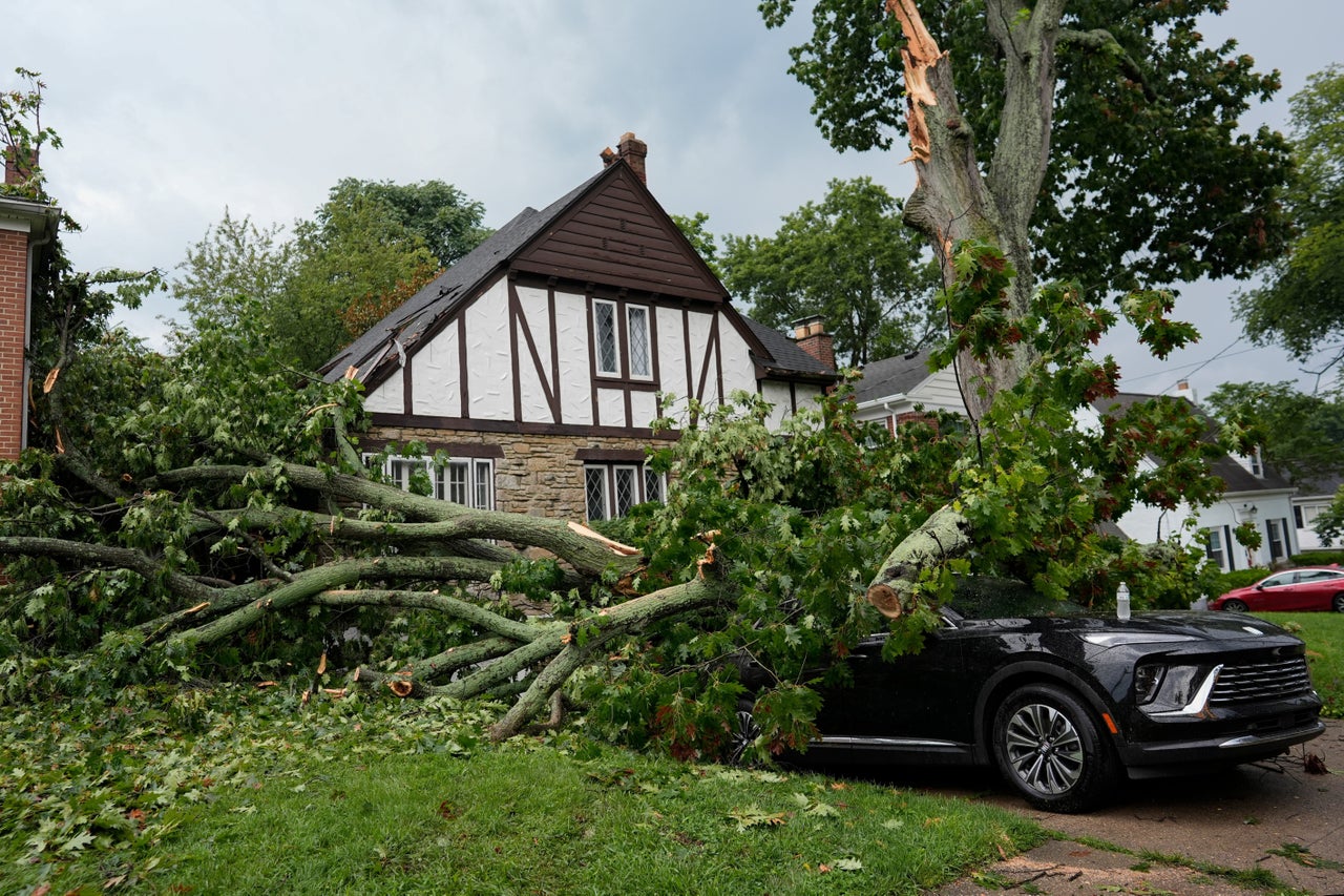 A car is destroyed and homes damaged by part of an oak tree downed by severe storms Tuesday, as seen in Cincinnati on Aug. 12, 2026.
