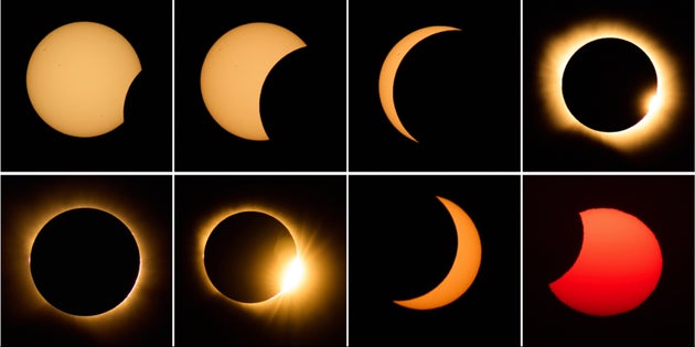 This combination photo shows the sequence of the moon covering the sun in a total solar eclipse seen from Berlanga de Duero, central Spain, Wednesday, Aug. 12, 2026. (AP Photo/Bernat Armangue)