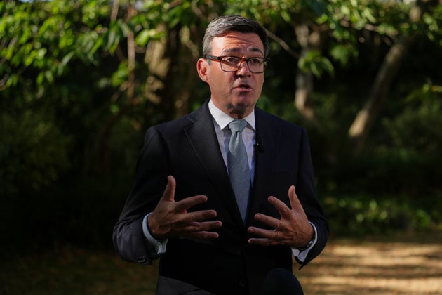 Andy Burnham speaks to the media after chairing a COBR meeting at Downing Street on the UK's ongoing response to extreme heat, wildfires and drought.