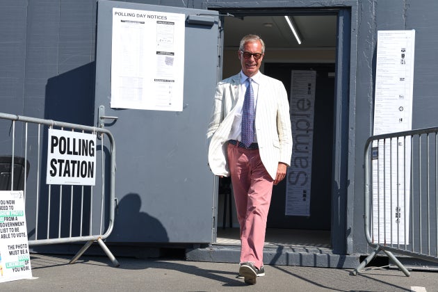 Nigel Farage leaves a polling station in Walton on the Naze after casting his vote in the Clacton by-election.