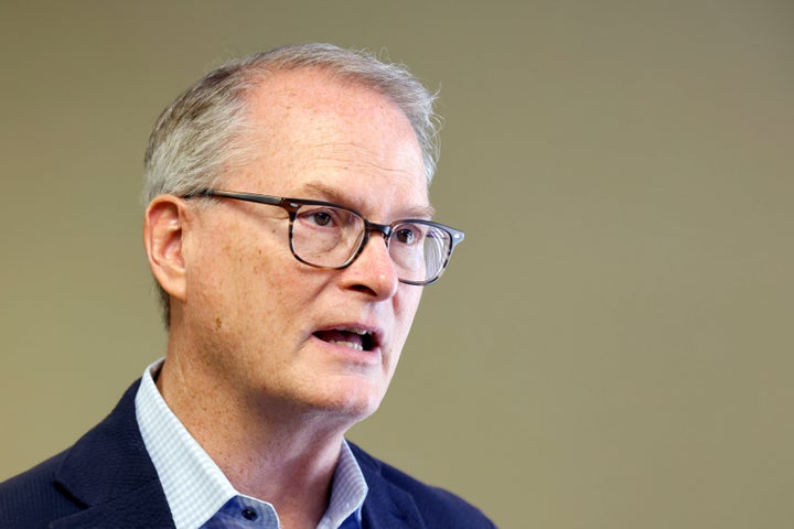 Democratic U.S. senatorial candidate Adam Hamilton of Kansas talks about funding issues facing Medicare and Medicaid during a meeting with administrators at the Health Partnership Clinic for low-income families on Aug. 12 in Olathe, Kansas.