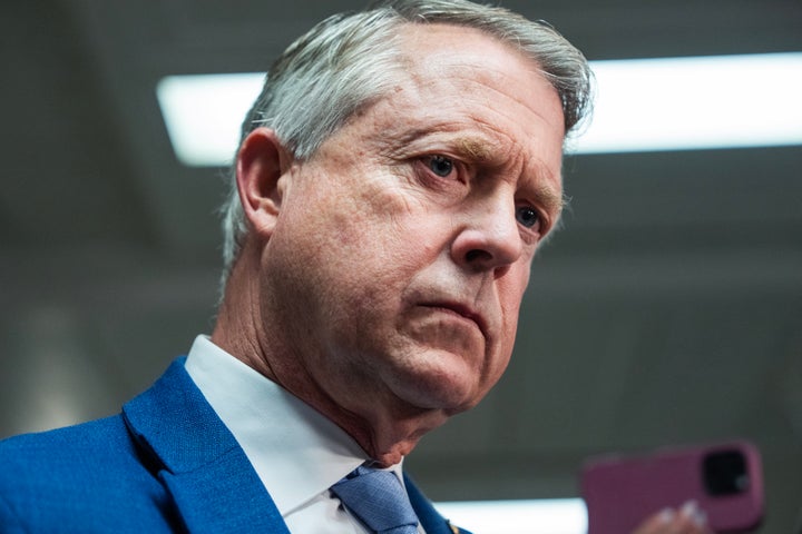 Sen. Roger Marshall (R-Kan.) talks with reporters outside the Senate Budget Committee confirmation hearing for Hal Duncan, nominee to be deputy director of the Office of Management and Budget, on June 16.