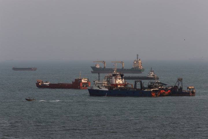 Ships are anchored in the Strait of Hormuz on August 10, 2026 off the coast of Bandar Abbas, Iran. (Photo by Ali Saeedi/Getty Images)