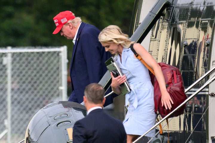 Donald Trump and aide Natalie Harp exit Marine One on Aug. 16, 2026.