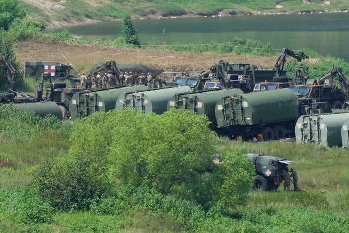 The U.S. Army's armored vehicles gather to cross a river at a training field in Yeoncheon, South Korea, near the border with North Korea, on Aug. 18, 2026.