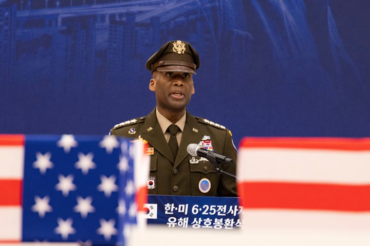 Gen. Xavier Brunson, chief of the South Korea–U.S. Combined Forces Command, speaks during the ROK and the U.S repatriation ceremony for Korean remains at Seoul Military Air Base in Seongnam, South Korea, on June 5, 2026.