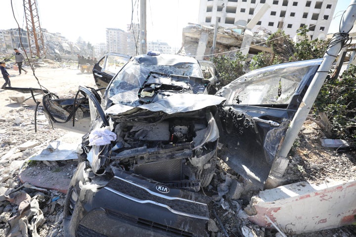 The car targeted by Israel in which 5-year-old Hind Rajab and five members of her family died 12 days earlier in the Tel al-Hawa neighborhood of Gaza City, Gaza on Feb. 10, 2024. The Israeli military announced on Aug. 19, 2026 that it’s launching criminal investigations into the killings of Hind and of 15 Palestinian paramedics, in what would be the first criminal probe into troop conduct in Gaza.