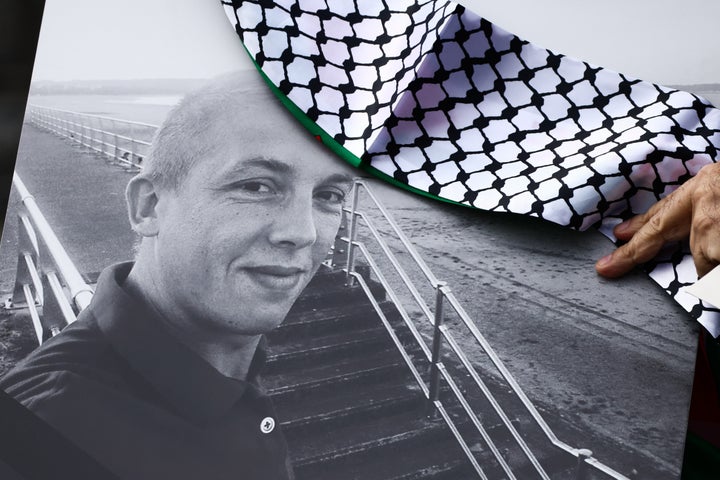A porait of Damian Sobol, a Polish aid worker with World Central Kitchen who was killed by the Israeli army in Gaza, is seen during a demonstration in Krakow against Israeli genocide, on April 5, 2024. Sobol was among six other charity workers providing aid to Palestinans when they were killed in an Israeli airstrike.