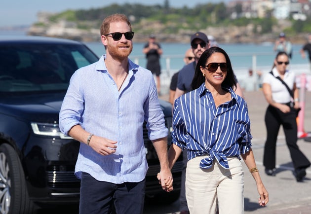 Prince Harry, Duke of Sussex and Meghan, Duchess of Sussex arrive to meet volunteer first responders from Bondi Surf Bathers' Life Saving Club, during a visit to Bondi Beach, on day four of the royal trip to Australia on April 17, 2026 in Sydney, Australia.