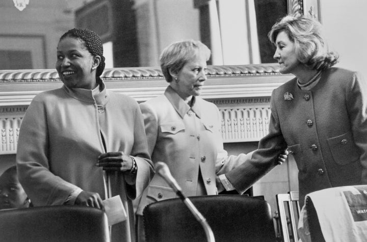 Sen. Carol Elizabeth Moseley Braun, D-Ill., Sen. Nancy Landon Kassebaum Baker, R-Kans., and Sen. Kay Bailey Hutchison, R-Tex., appears before a group of daughter to answer questions, as part of 'Take your Daughter to Work Day.' Aprill 27, 1995 (Photo by Maureen Keating/CQ Roll Call via Getty Images)