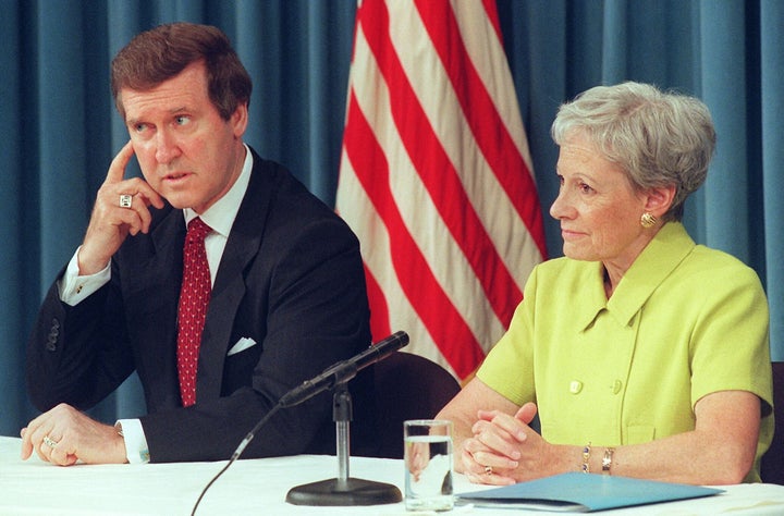 US Defense Secertary William Cohen (L) speaks to reporters 27 June as former Senator Nancy Kassebaum Baker (R) looks on during a press conference in which Cohen announced the establishment of a Federal Advisory Committee on Gender-Integrated Training and Related Issues in the Military Services task force. The task force, headed by Kassebaum Baker, will provide advice and recommendations to the Secretary of Defense regarding current training programs and policies of the military services and related morale and discipline issues. AFP PHOTO Joyce NALTCHAYAN (Photo by JOYCE NALTCHAYAN / AFP) (Photo by JOYCE NALTCHAYAN/AFP via Getty Images)