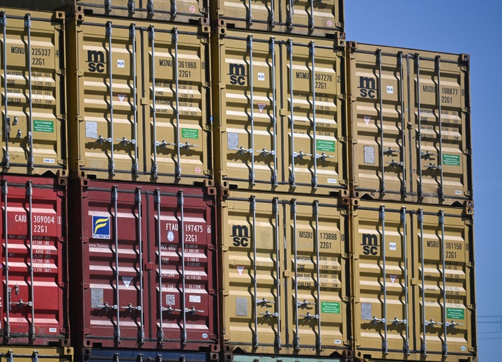 Shipping containers are shown at a freight yard in Montreal, Quebec, Canada, on August 21, 2026. (Photo by Graham Hughes/NurPhoto via Getty Images)