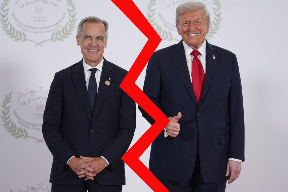 US President Donald Trump greets Canada's Prime Minister Mark Carney during a summit on Gaza in Sharm el-Sheikh on Oc...
