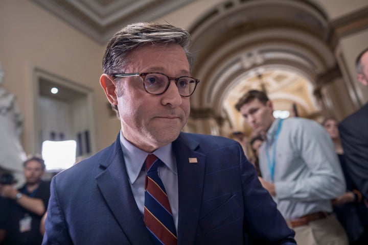 House Speaker Mike Johnson (R-La.) leaves without taking any questions from reporters after finishing a series of votes on President Donald Trump's priorities at the U.S. Capitol in Washington, on July 22, 2026.