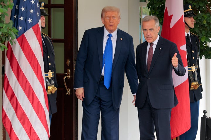 Canadian Prime Minister Mark Carney is greeted by Trump outside the West Wing of the White House on Oct. 7, 2025, in Washington, D.C.