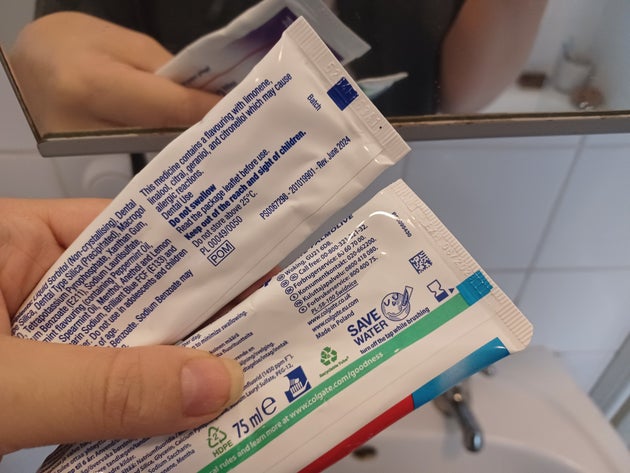 Toothpaste tubes with coloured squares