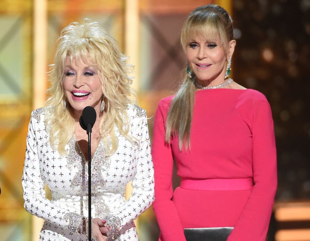 Dolly Parton and Jane Fonda on stage at the 2017 Emmys