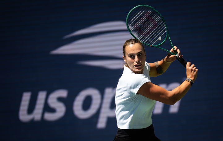 Aryna Sabalenka practices ahead of the US Open on Wednesday. (Photo by Robert Prange/Getty Images)