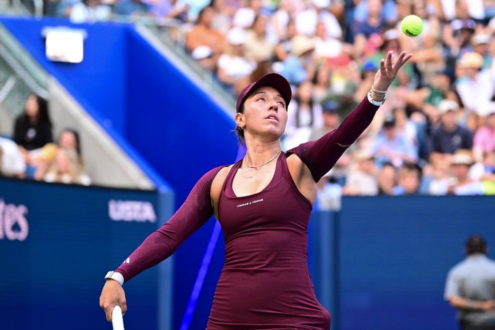 Jessica Pegula serves in a mixed doubles match at USTA Billie Jean King National Tennis Center on Tuesday. (Photo by Mike Lawrence/USTA via Getty Images)