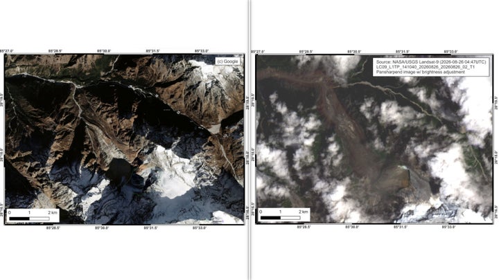 (左)氷河崩落と思われる事象発災前Google Map 高解像度衛星画像 /(右)氷河崩落と思われる状況を捉えたランドサット衛星画像