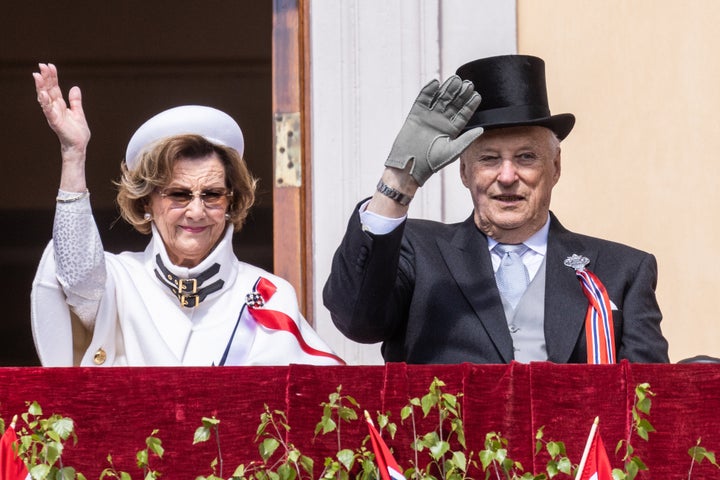 Norway’s Queen Sonja and King Harald attend the children's parade at the Royal Castle on Norway's National Day on May 17, 2023 in Oslo, Norway.