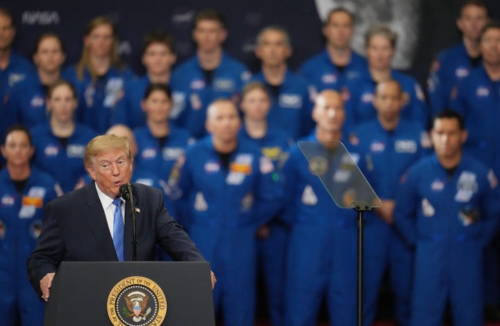 President Donald Trump speaks before participating in a Congressional Space Medal of Honor ceremony at NASA's Johnson Space Center, Friday, Aug. 28, 2026, in Houston.