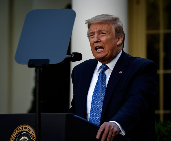 President Trump reads from a teleprompter as he makes remarks in the White House Rose Garden, in Washington, DC. (Photo by Bill O'Leary/The Washington Post via Getty Images)
