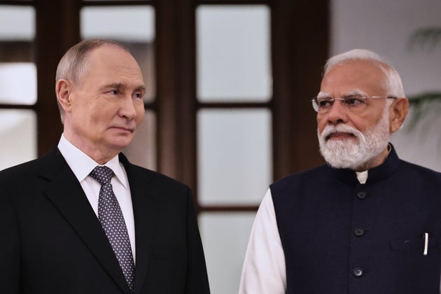 Indian Prime Minister Narendra Modi, right, and Russian President Vladimir Putin stand after making a press statement after their talks at the Hyderabad House in New Delhi, India, Friday, Dec. 5, 2025. 
