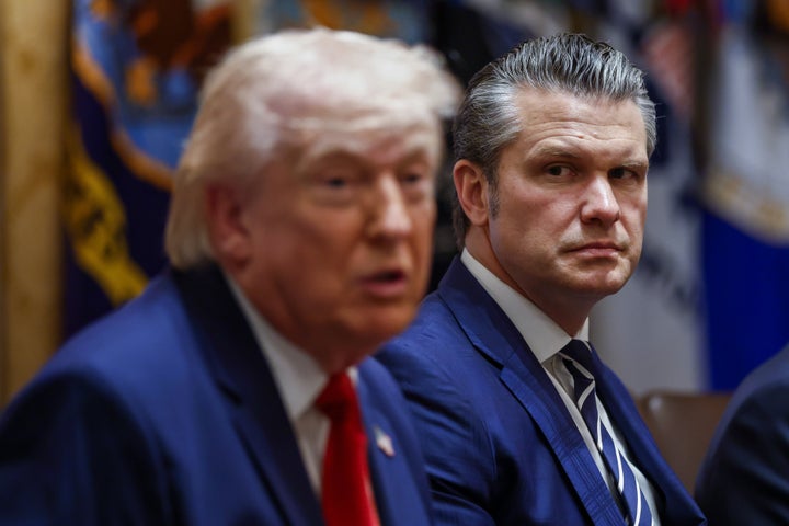 Donald Trump, left, told reporters it was too soon to discuss his potential successor, sidestepping talk of a 2028 campaign by Defense Secretary Pete Hegseth, right.