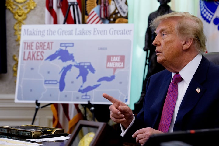 President Donald Trump pictured after signing an executive order renaming Lake Ontario to "Lake America" on August 27.