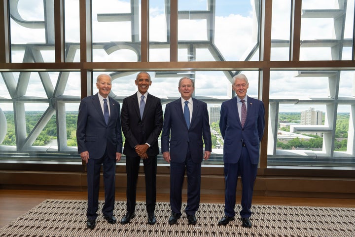 Joe Biden, Barack Obama, George W. Bush and Bill Clinton, pictured at the opening of the Barack Obama Presidential Center in June 2026, are the presidential foursome that will attend the Sept. 11 ceremony in New York City. Donald Trump will not.