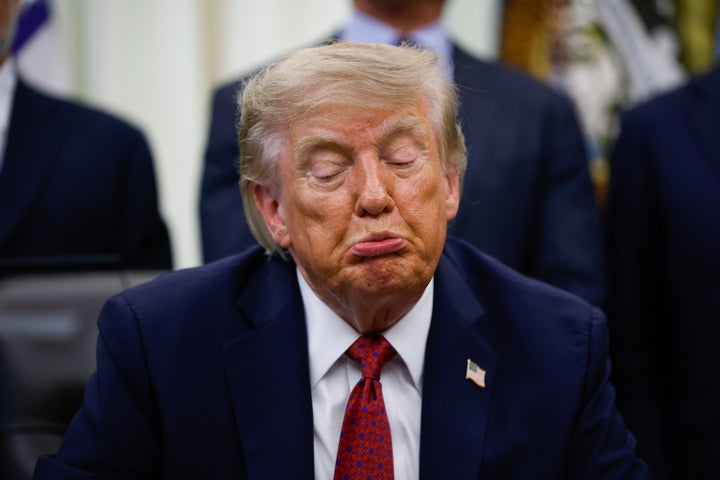 U.S. President Donald Trump reacts while answering a reporters question during a healthcare affordability event in the Oval Office at the White House on August 31, 2026 in Washington, DC. (Photo by Kevin Dietsch/Getty Images)