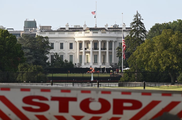 This photo taken on Aug. 28, 2026 shows the White House behind a barrier in Washington, D.C., the United States. Friday marks six months since the outbreak of the U.S.-Israeli war with Iran. (Photo by Li Rui/Xinhua via Getty Images)