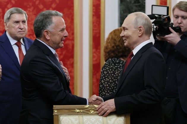 President Vladimir Putin, right, greets U.S. President Donald Trump's envoy Steve Witkoff, prior to talks at the Senate Palace of the Kremlin in Moscow, on Saturday, Sept. 5, 2026.
