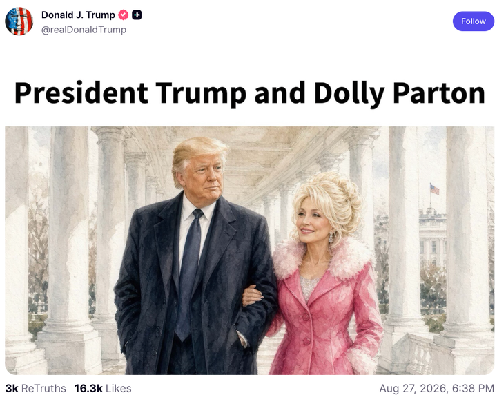 President Donald Trump posted an AI-generated illustration of him and late country music legend Dolly Parton on Aug. 27.