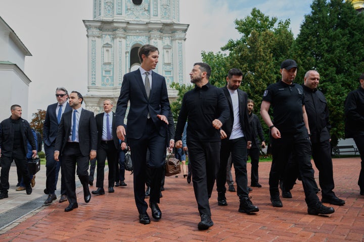 In this photo provided by the Ukrainian Presidential Press Office, Ukraine's President Volodymyr Zelenskyy and U.S. envoy Jared Kushner talk in Kyiv, Ukraine, on Sept. 6, 2026.