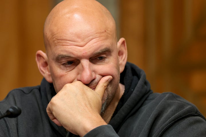 Sen. John Fetterman (D-Penn.) looks on during a meeting with the Senate Homeland Security and Government Affairs Committee in the Dirksen Senate Office Building on Aug. 6 in Washington, D.C.