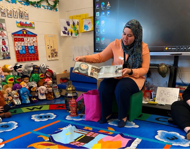 The author visiting her daughter’s preschool classroom to teach pre-K4 students about Ramadan.