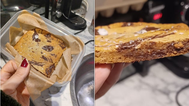 A chopped chocolate cookie; cross section of spread chocolate