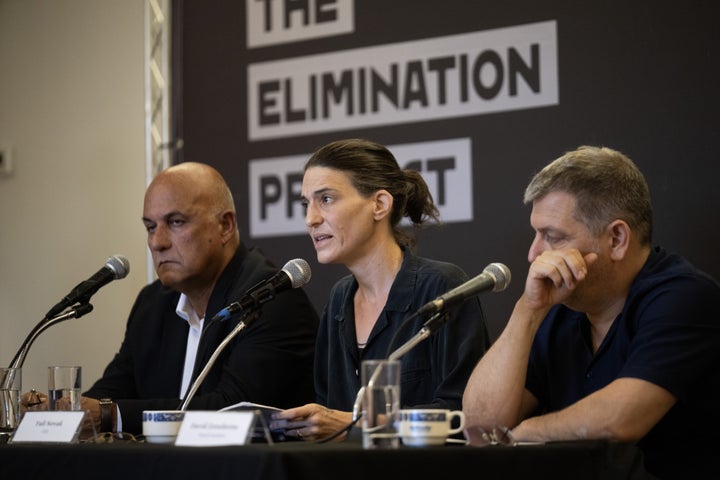 B'Tselem executive director Yuli Novak, spokesperson Kerim Jibran and board member David Zonsheine hold a press conference after the group’s newly published report that the Israeli administration is coordinating a comprehensive effort to destroy Palestinians in West Bank, in Jerusalem on Sept. 14, 2026.