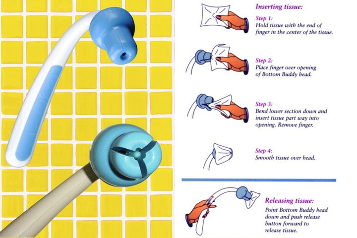 The Bottom Buddy holds and releases toilet tissue without getting your hands dirty. 