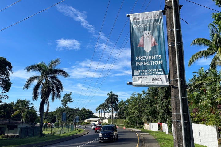 This picture, taken on April 20, 2026, shows an HIV awareness poster in Suva, amid a surge in HIV cases in Fiji.