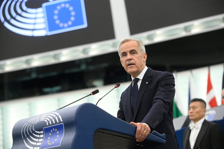 Canada's Prime Minister Mark Carney delivers a speech during a formal sitting at the European Parliament in Strasbourg, eastern France, on Sept 17, 2026.
