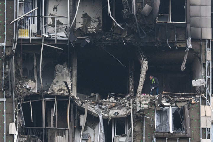 A multi-story apartment building is damaged by a drone attack in Kotelniki, in the Moscow region on Sept. 20, 2026. Authorities said hundreds of Ukrainian drones targeting Moscow and its surrounding region killed at least two people and damaged a major refinery on the final day of the country's parliamentary elections.