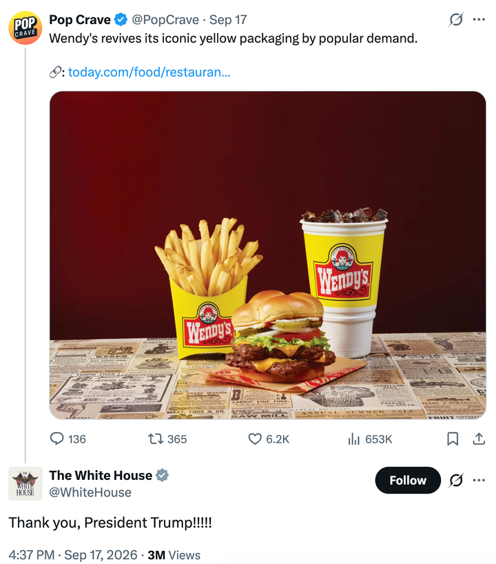 The White House responds to an X post by @PopCrave on Thursday.