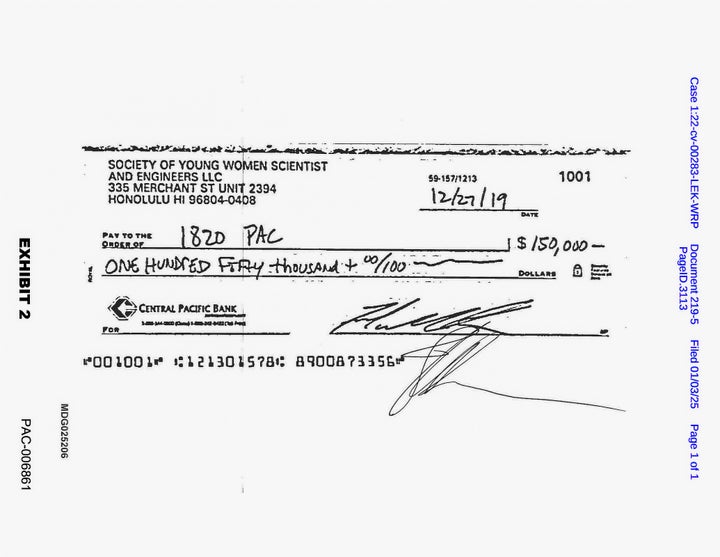 A check for $150,000 to the Collins super PAC 1820 from the Society of Young Women Scientist and Engineers — a shell company that obscured the actual donor.
