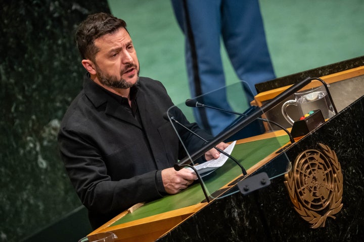 Ukrainian President Volodymyr Zelenskyy addresses the UN General Assembly at the United Nations in New York City, on Sept. 23, 2026.